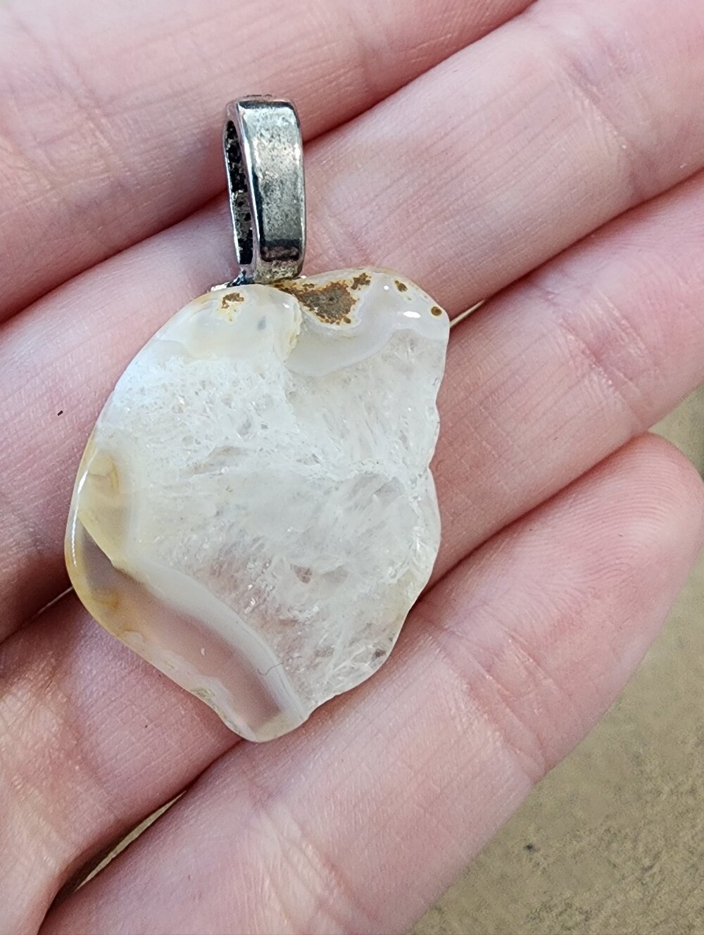 Natural White Polished Agate Slice Pendant with Silver Bail